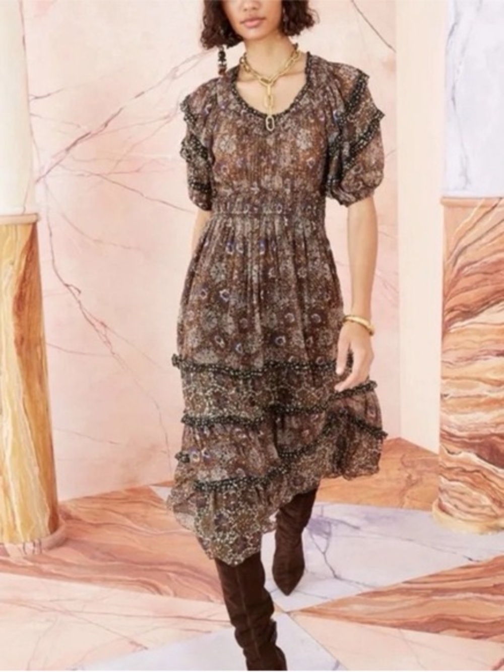 Ulla Johnson Naysa brown floral puff sleeve midi fress, XS
